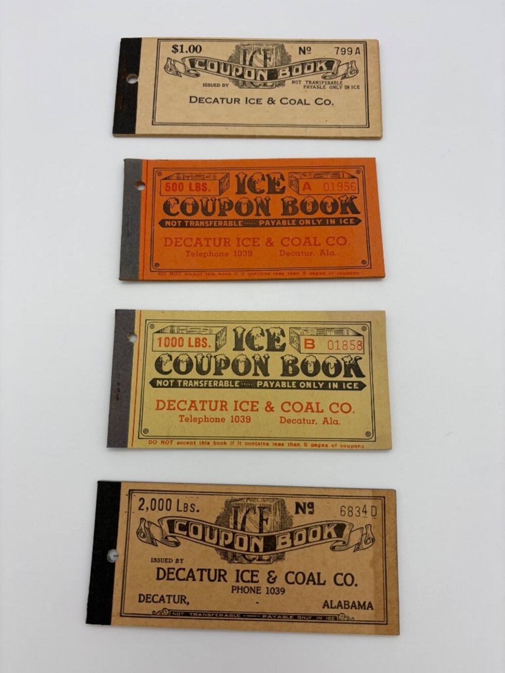 Antique Decatur Ice & Coal Co. Ice Coupon Book Lot 4 Alabama 1940s Ephemera